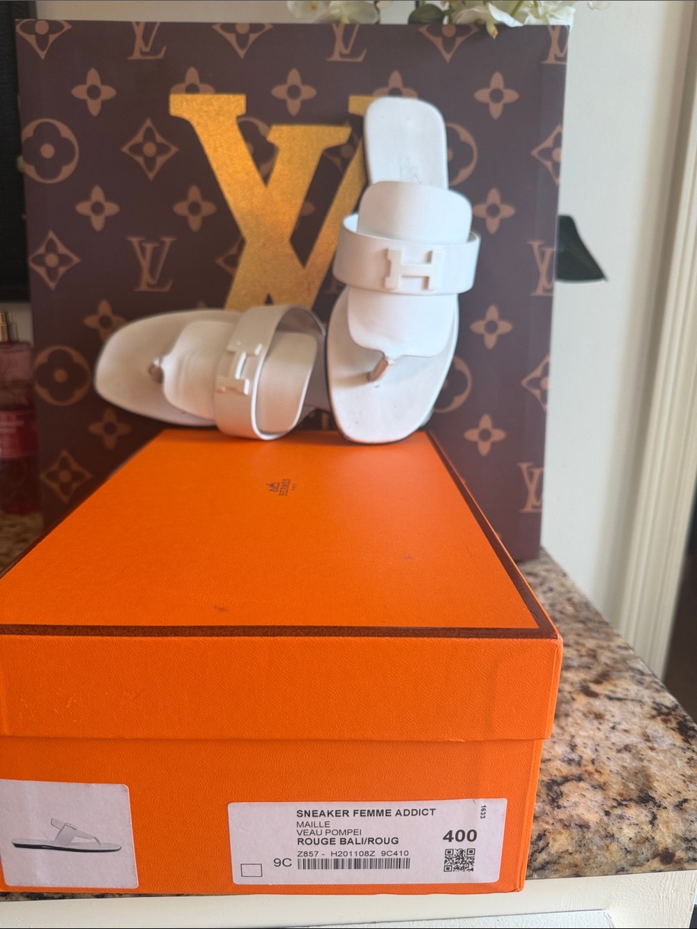 Hermes White Leather Women Slide Sandals